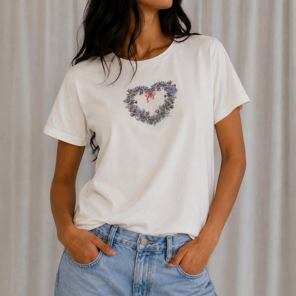 Vintage Northern Reflections White Graphic Tee Heart Wreath‎ Women L Coquette